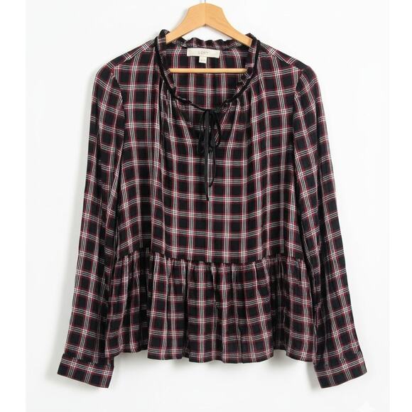 Loft Women M Cottagecore Academia Grunge 90s Preppy Plaid Peplum Tie Neck Blouse - Picture 1 of 11